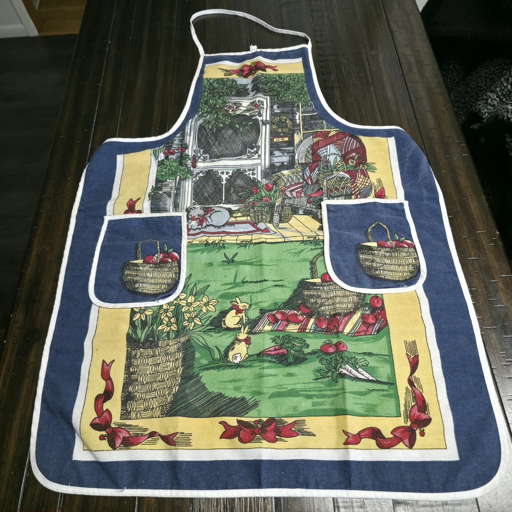 Vtg Joan Kessler Concord Fabric Apron Harvest Scene Apples Bunnies Farmhouse 80s